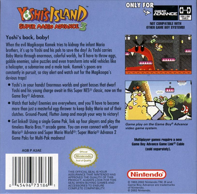 Yoshi's Island: Super Mario Advance 3 | Game Boy Advance | back cover | Region: North America | source-country=United States | Data by MobyGames.com