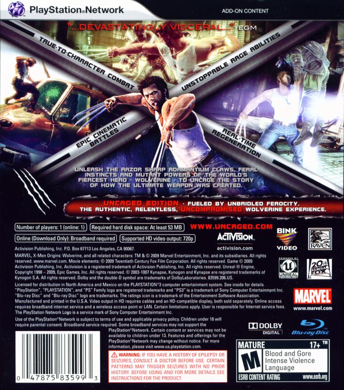 
X-Men Origins: Wolverine - Uncaged Edition | PlayStation 3 | back cover | Region: North America | source-country=Canada,United States | Data by MobyGames.com