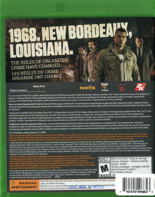 Mafia III | Xbox One | back cover | region=North America | source-country=Canada | zypher-v2 | moby-3464078ddddc | Data by MobyGames.com