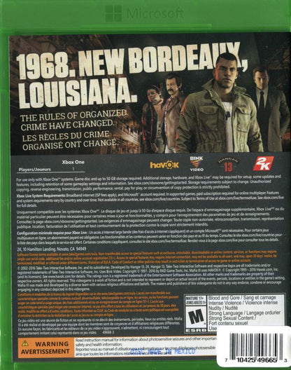 Mafia III | Xbox One | back cover | region=North America | source-country=Canada | zypher-v2 | moby-3464078ddddc | Data by MobyGames.com