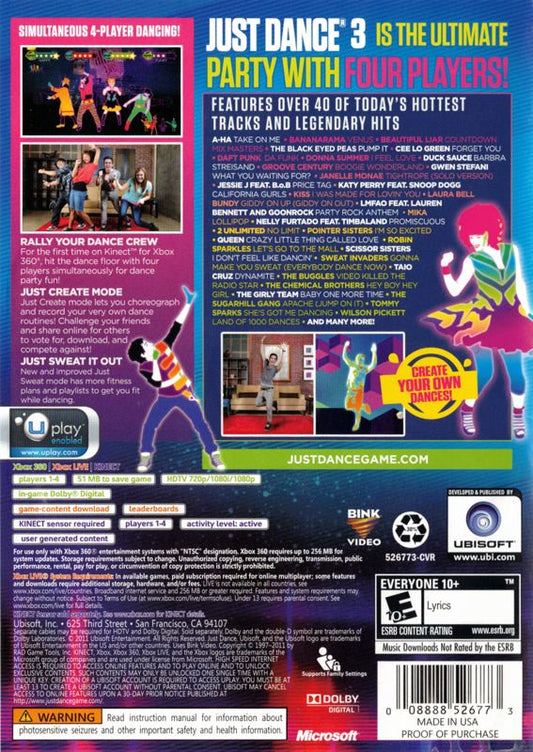 Just Dance 3 | Xbox 360 | back cover | region=North America | source-country=United States | zypher-v2 | moby-f8e743f13fdf | Data by MobyGames.com