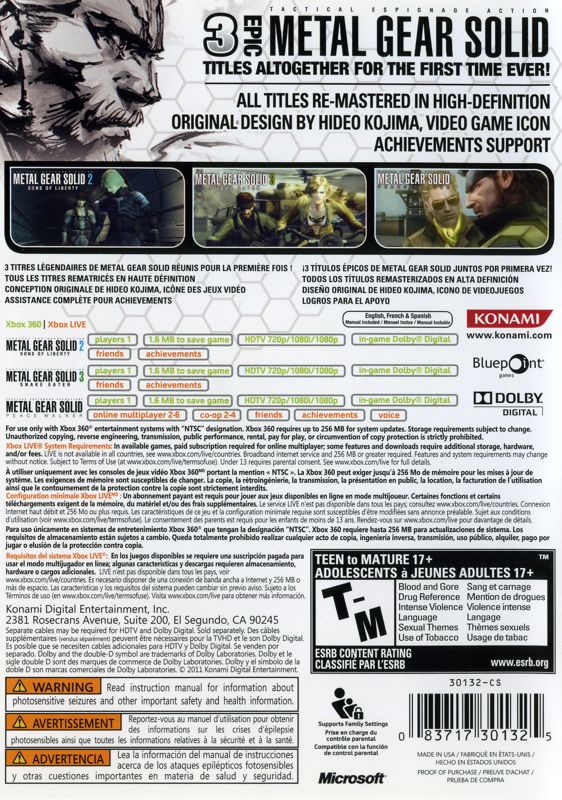 Metal Gear Solid: HD Collection | Xbox 360 | back cover | region=North America | source-country=Canada,Mexico,United States | zypher-v2 | moby-866bf01ffa6d | Data by MobyGames.com