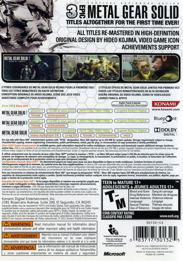 Metal Gear Solid: HD Collection | Xbox 360 | back cover | region=North America | source-country=Canada,Mexico,United States | zypher-v2 | moby-866bf01ffa6d | Data by MobyGames.com