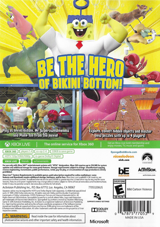 SpongeBob HeroPants | Xbox 360 | back cover | region=North America | source-country=Canada,United States | zypher-v2 | moby-ece7440e8ac9 | Data by MobyGames.com