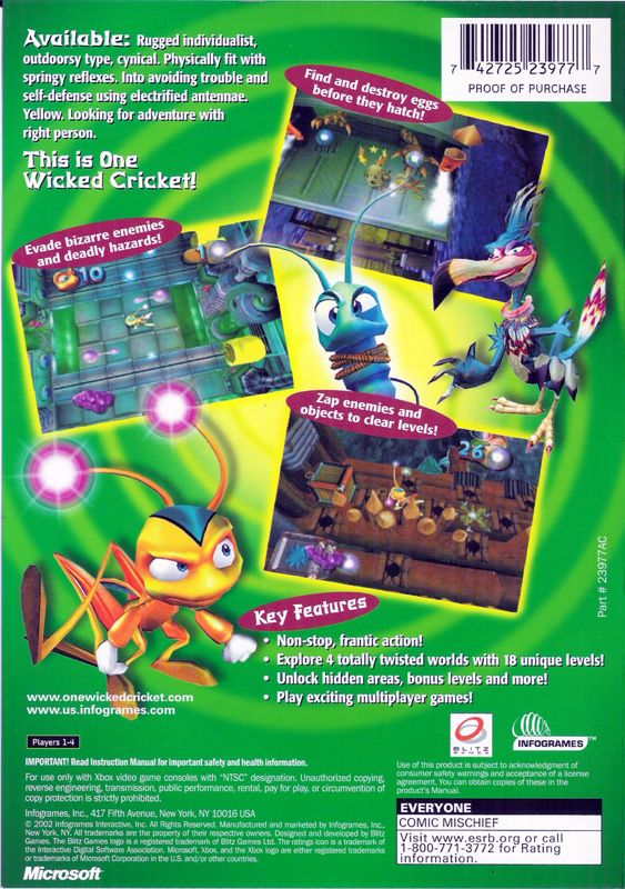 Zapper: One Wicked Cricket! | Xbox | back cover | Region: North America | source-country=United States | Data by MobyGames.com
