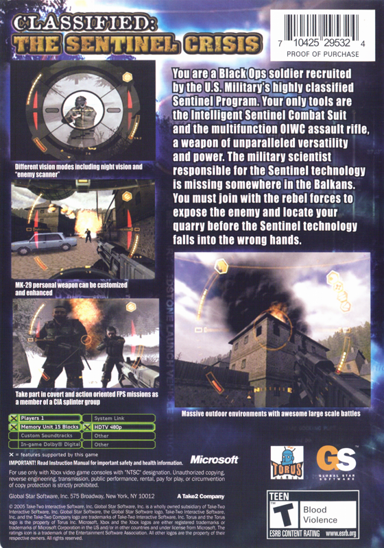 Classified: The Sentinel Crisis | Xbox | back cover | Data by MobyGames.com