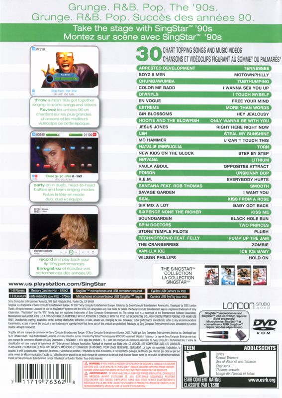 SingStar: '90s | PlayStation 2 | back cover | region=North America | source-country=Canada,United States | zypher-v2 | moby-52a3dc1addd5 | Data by MobyGames.com