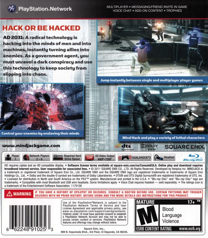 Mindjack | PlayStation 3 | back cover | region=North America | source-country=United States | zypher-v2 | moby-add6af013090 | Data by MobyGames.com
