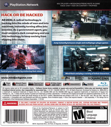 Mindjack | PlayStation 3 | back cover | region=North America | source-country=United States | zypher-v2 | moby-add6af013090 | Data by MobyGames.com