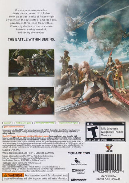 Final Fantasy XIII | Xbox 360 | back cover | region=North America | source-country=United States | zypher-v2 | moby-492adb7a4e4f | Data by MobyGames.com