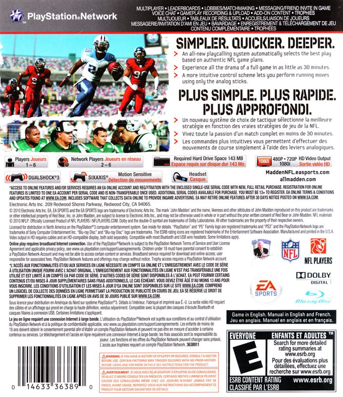 Madden NFL 11 | PlayStation 3 | back cover | region=North America | source-country=Canada | zypher-v2 | moby-c01525fce5de | Data by MobyGames.com