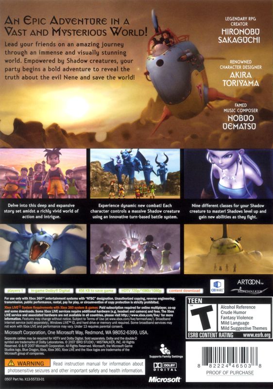 Blue Dragon | Xbox 360 | back cover | region=North America | source-country=United States | zypher-v2 | moby-17819cf2e067 | Data by MobyGames.com
