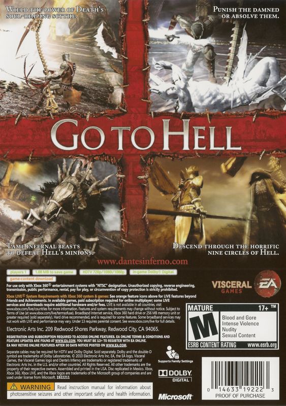 Dante's Inferno | Xbox 360 | back cover | Data by MobyGames.com