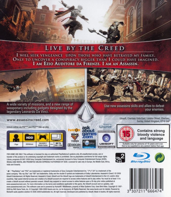 Assassin's Creed II | PlayStation 3 | back cover | region=PAL | source-country=United Kingdom | zypher-v2 | moby-e71337b25f7b | Data by MobyGames.com