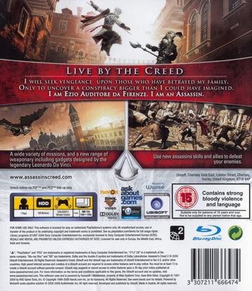 Assassin's Creed II | PlayStation 3 | back cover | region=PAL | source-country=United Kingdom | zypher-v2 | moby-e71337b25f7b | Data by MobyGames.com