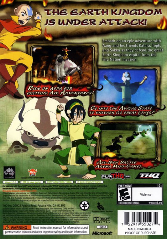 Avatar: The Last Airbender - The Burning Earth | Xbox 360 | back cover | region=North America | source-country=United States | zypher-v2 | moby-be914a860e9a | Data by MobyGames.com