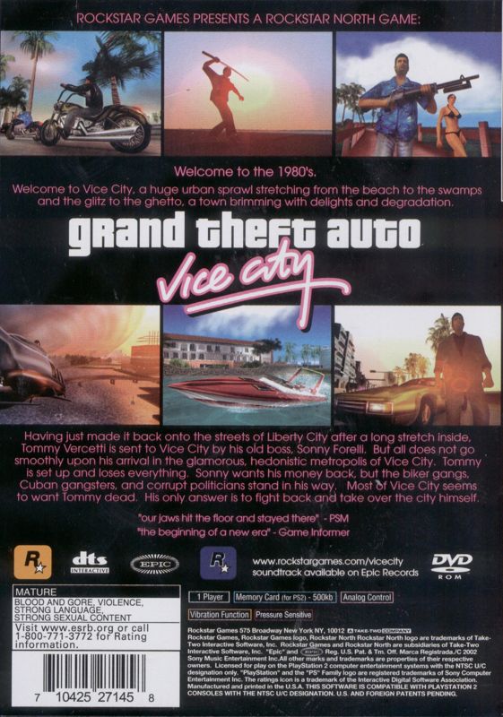 Grand Theft Auto: Vice City | PlayStation 2 | back cover | region=North America | source-country=Canada,United States | zypher-v2 | moby-e9257a5f3aac | Data by MobyGames.com