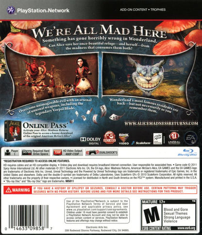 
Alice: Madness Returns | PlayStation 3 | back cover | Region: North America | source-country=United States | Data by MobyGames.com