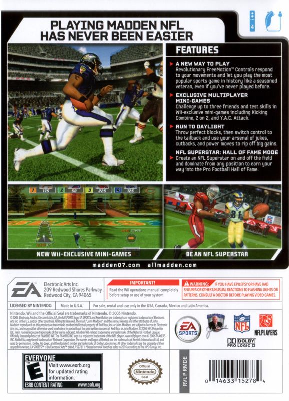 Madden NFL 07 | Wii | back cover | region=North America | source-country=Canada,Mexico,United States | zypher-v2 | moby-6fba868dabe4 | Data by MobyGames.com