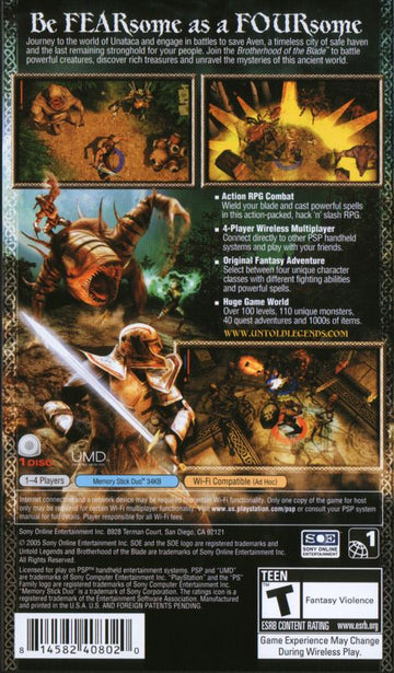 Untold Legends: Brotherhood of the Blade | PSP | back cover | region=North America | source-country=United States | zypher-v2 | moby-4ede5f99ced4 | Data by MobyGames.com