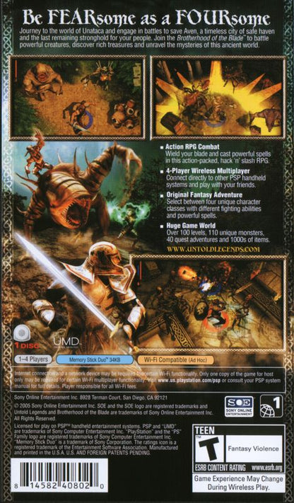 Untold Legends: Brotherhood of the Blade | PSP | back cover | region=North America | source-country=United States | zypher-v2 | moby-4ede5f99ced4 | Data by MobyGames.com