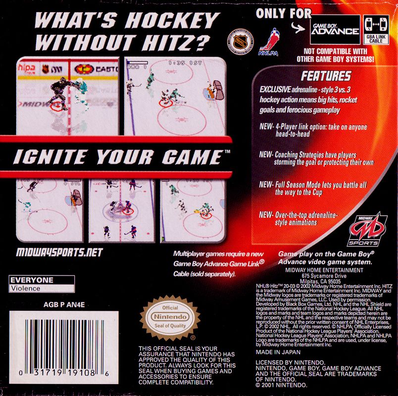
NHL Hitz 20-03 | Game Boy Advance | back cover | Data by MobyGames.com