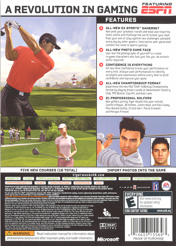 Tiger Woods PGA Tour 08 | Xbox 360 | back cover | region=North America | source-country=United States | zypher-v2 | moby-908586544027 | Data by MobyGames.com