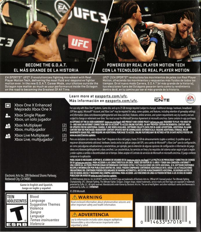 UFC 3 | Xbox One | back cover | Region: North America | source-country=Canada,United States | Data by MobyGames.com