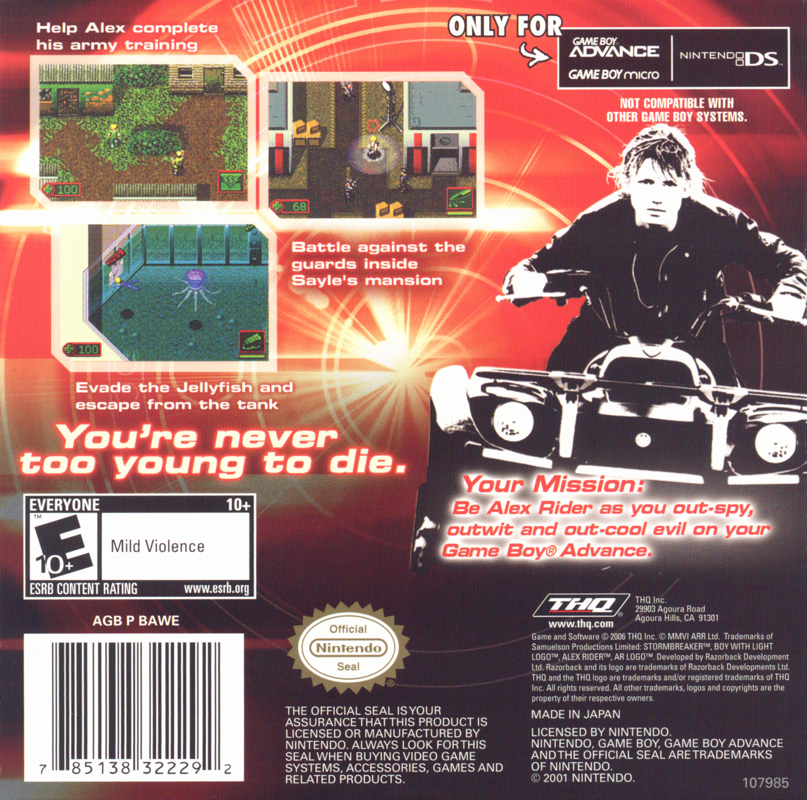 Alex Rider: Stormbreaker | Game Boy Advance | back cover | region=North America | source-country=United States | zypher-v2 | moby-29c91cf6b124 | Data by MobyGames.com
