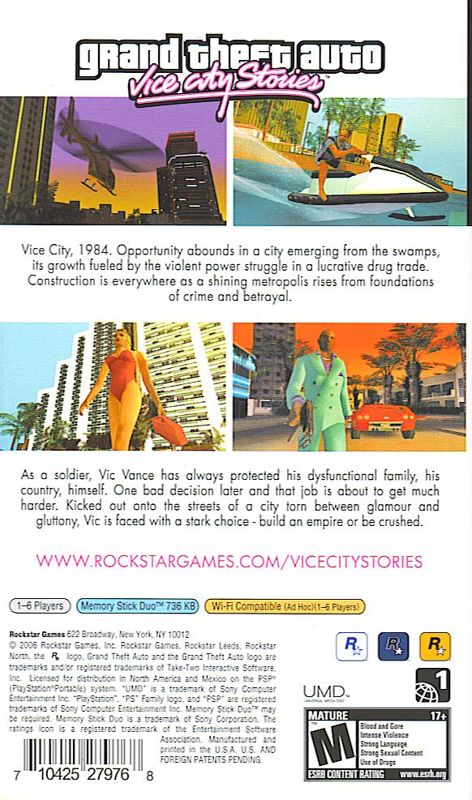 Grand Theft Auto: Vice City Stories | PSP | back cover | region=North America | source-country=United States | zypher-v2 | moby-72386942e6f7 | Data by MobyGames.com
