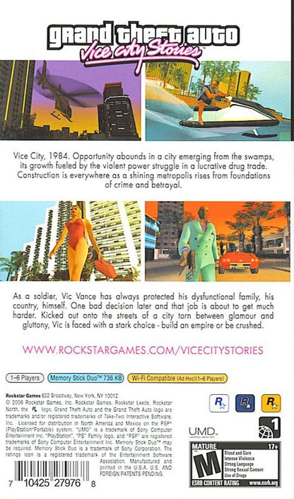 Grand Theft Auto: Vice City Stories | PSP | back cover | region=North America | source-country=United States | zypher-v2 | moby-72386942e6f7 | Data by MobyGames.com