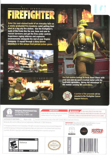 Real Heroes: Firefighter | Wii | back cover | region=North America | source-country=Argentina,Brazil,Canada,Chile,Colombia,Mexico,United States,Uruguay | zypher-v2 | moby-a242a3a94bb3 | Data by MobyGames.com