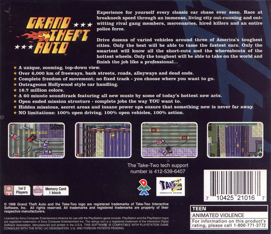 
Grand Theft Auto | PlayStation | back cover | Region: North America | source-country=United States | Data by MobyGames.com