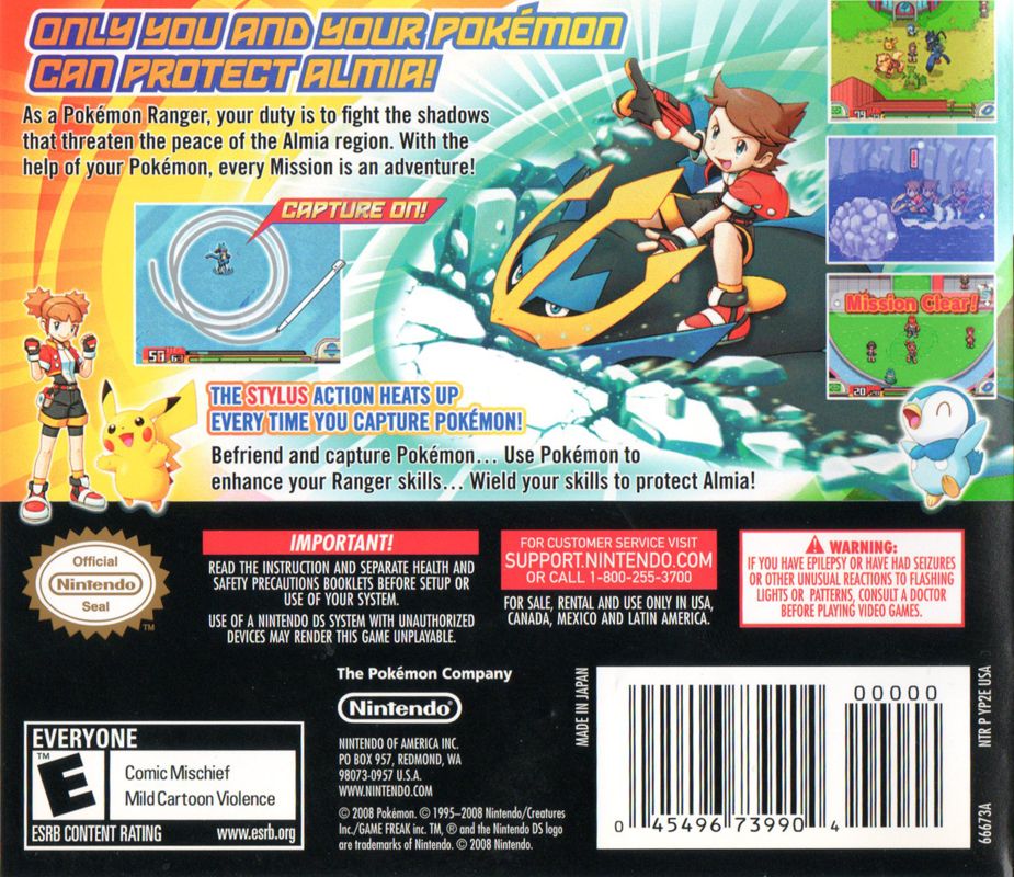 Pokémon Ranger: Shadows of Almia | Nintendo DS | back cover | region=North America | source-country=United States | zypher-v2 | moby-7ab35921b5ca | Data by MobyGames.com