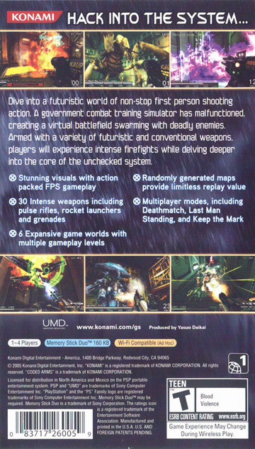 
Coded Arms | PSP | back cover | Data by MobyGames.com