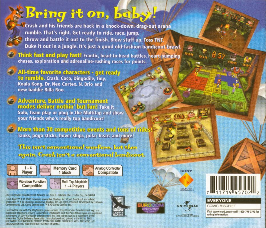 Crash Bash | PlayStation | back cover | region=North America | source-country=United States | zypher-v2 | moby-0b6399a79629 | Data by MobyGames.com