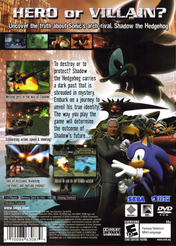 
Shadow the Hedgehog | PlayStation 2 | back cover | Region: North America | source-country=United States | Data by MobyGames.com