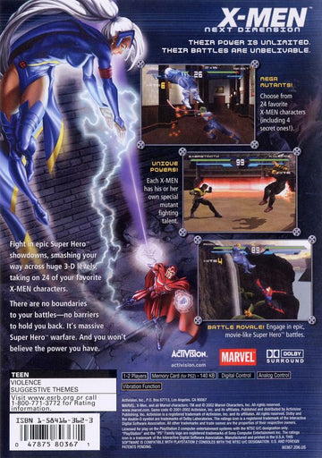 
X-Men: Next Dimension | PlayStation 2 | back cover | Region: North America | source-country=Canada,United States | Data by MobyGames.com