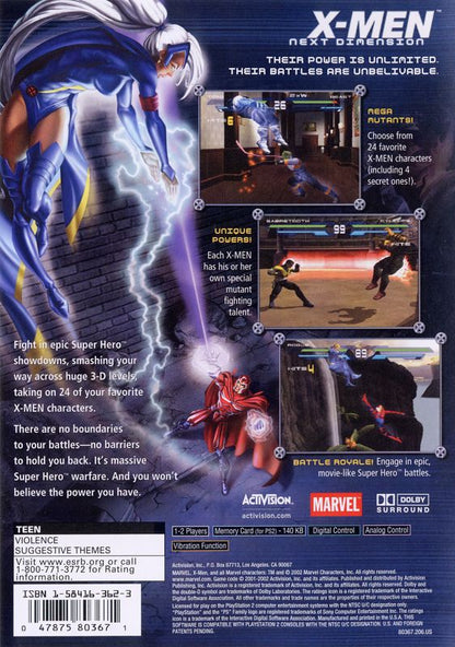 
X-Men: Next Dimension | PlayStation 2 | back cover | Region: North America | source-country=Canada,United States | Data by MobyGames.com