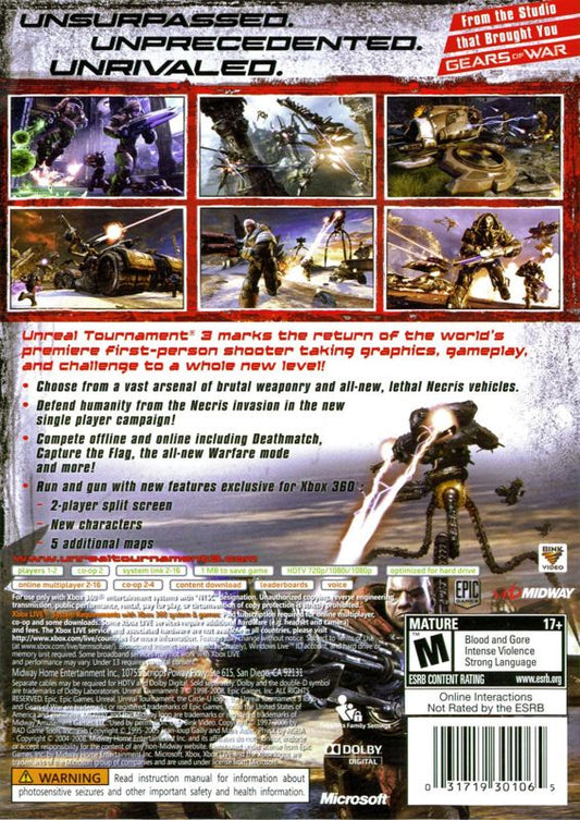 Unreal Tournament III | Xbox 360 | back cover | region=North America | source-country=United States | zypher-v2 | moby-ec64ad48627f | Data by MobyGames.com