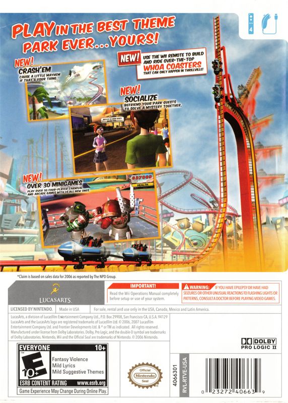 Thrillville: Off the Rails | Wii | back cover | region=North America | source-country=United States | zypher-v2 | moby-bc64871d8c2d | Data by MobyGames.com