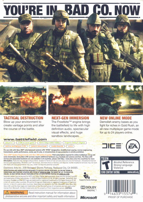 Battlefield: Bad Company | Xbox 360 | back cover | region=North America | source-country=United States | zypher-v2 | moby-6b994abe4729 | Data by MobyGames.com