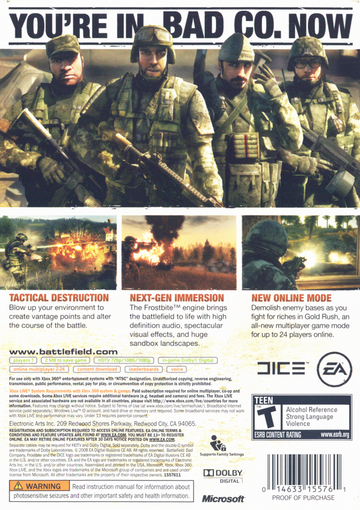 Battlefield: Bad Company | Xbox 360 | back cover | region=North America | source-country=United States | zypher-v2 | moby-6b994abe4729 | Data by MobyGames.com