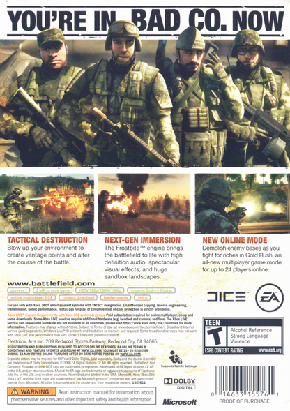 Battlefield: Bad Company | Xbox 360 | back cover | region=North America | source-country=United States | zypher-v2 | moby-6b994abe4729 | Data by MobyGames.com