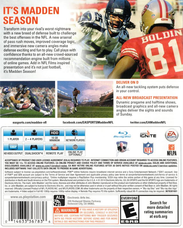Madden NFL 15 | PlayStation 4 | back cover | region=North America | source-country=United States | zypher-v2 | moby-4a06bff01c04 | Data by MobyGames.com