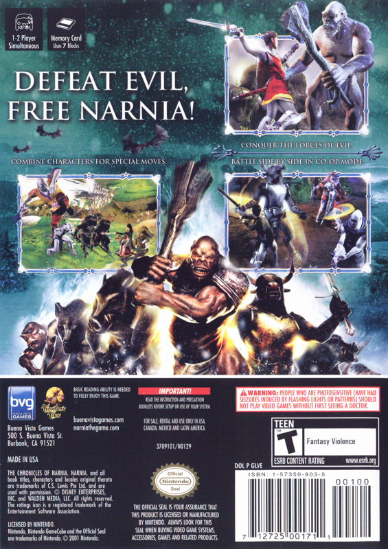 The Chronicles of Narnia: The Lion, the Witch and the Wardrobe | GameCube | back cover | region=North America | source-country=United States | zypher-v2 | moby-6e962b5d4dfc | Data by MobyGames.com