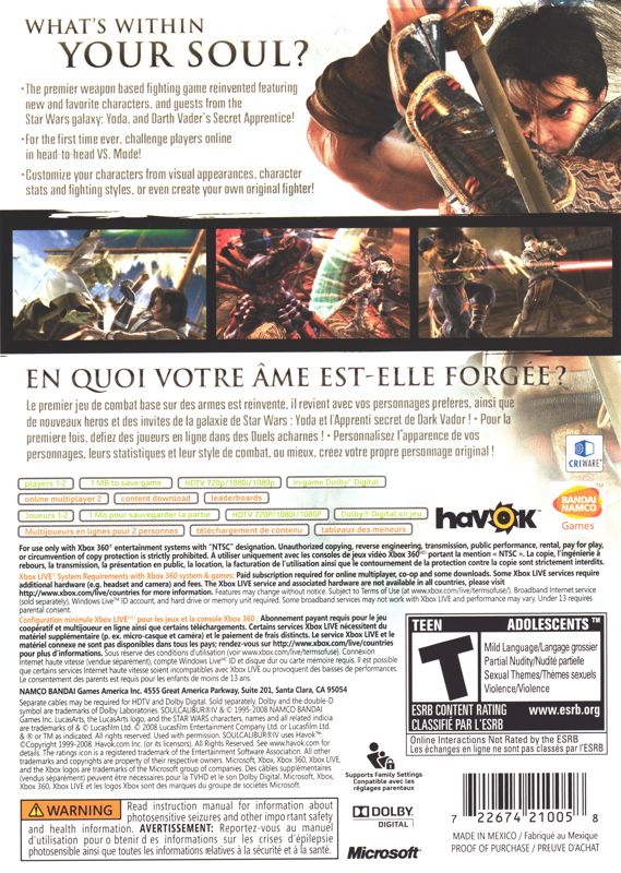 SoulCalibur IV | Xbox 360 | back cover | region=North America | source-country=United States | zypher-v2 | moby-bdaa53fe08f3 | Data by MobyGames.com