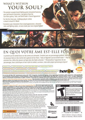 SoulCalibur IV | Xbox 360 | back cover | region=North America | source-country=United States | zypher-v2 | moby-bdaa53fe08f3 | Data by MobyGames.com