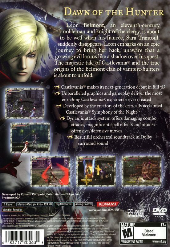 
Castlevania: Lament of Innocence | PlayStation 2 | back cover | Region: North America | source-country=United States | Data by MobyGames.com