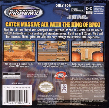 Mat Hoffman's Pro BMX | Game Boy Advance | back cover | region=North America | source-country=United States | zypher-v2 | moby-5008588ca9a5 | Data by MobyGames.com